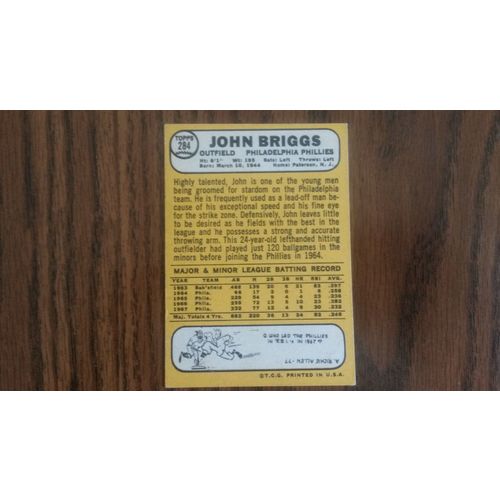 1968 Topps Card # 284 John Briggs Very Good (3) Philadelphia Phillies