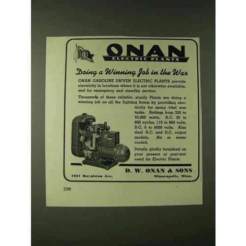 1943 D.W. Onan & Sons Gasoline Driven Electric Generating Plants Ad - The War