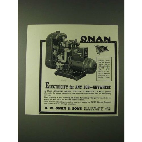 1943 D.W. Onan & Sons Gasoline Driven Electric Generating Plants Ad