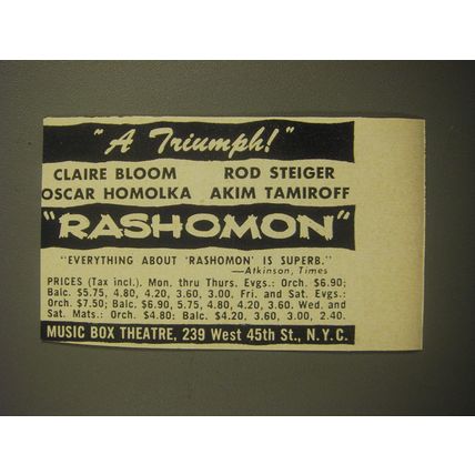1959 Rashomon Play Ad - A triumph Claire Bloom Rod Steiger Oscar Homolka