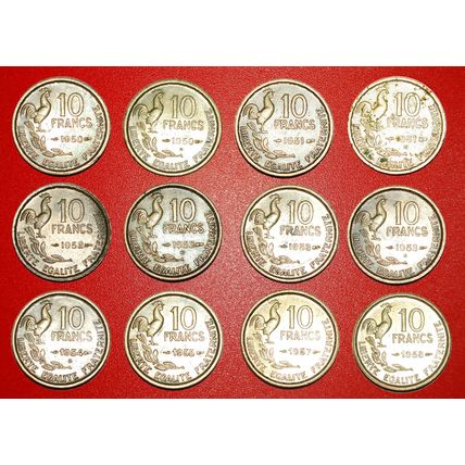 COCK: FRANCE ★ 10 FRANCS COMPLETE SET 12 COINS 1950-1958!★LOW START!★NO RESERVE!
