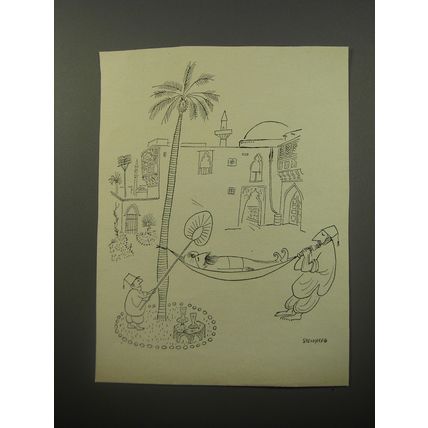 1950 Cartoon by Saul Steinberg - Holding up Hammock