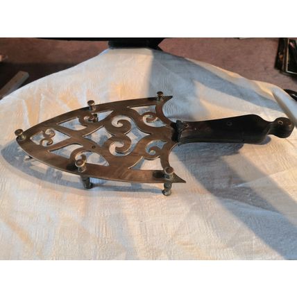 Antique/Vintage Wood & Solid Brass Iron Shape Stand/Trivet - Decor