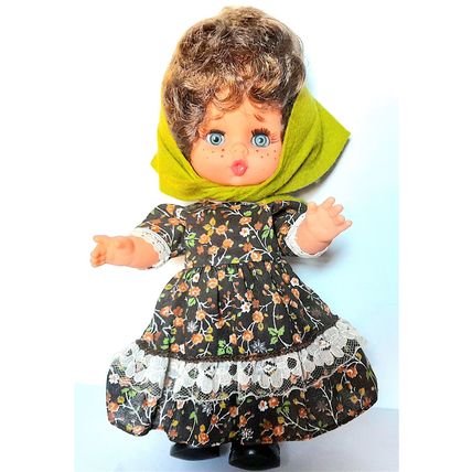 1990's VINTAGE DOLL - JOINTED - BLUE MOVING EYES - MULTICOLOUR DRESS - 29 cm