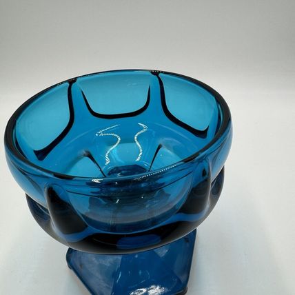 MCM Viking Art Glass 1960s Bluenique Pedestal Candy Dish Blue 6"