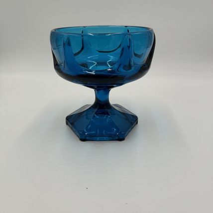 MCM Viking Art Glass 1960s Bluenique Pedestal Candy Dish Blue 6"