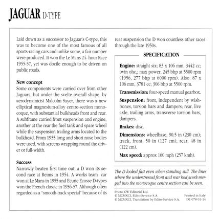 Collectors Club card. Classic Cars. Jaguar D-Type