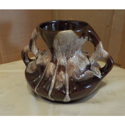 Vintage Kad Yad Brown & White Drip Glaze Double Handled Pot From Israel