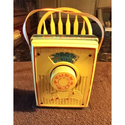 Old Vintage Fisher Price Pocket Radio Pop Goes The Weasel 6" Tall Working 1972