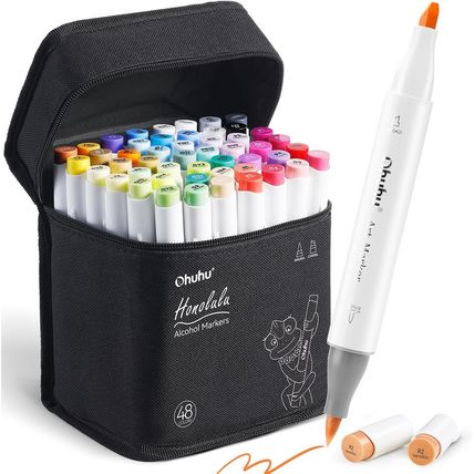 Ohuhu Alcohol Markers Brush Tip: 48-Color Double Tipped Art Marker Set for Artis