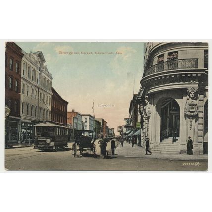SAVANNAH GA Broughton Street showing electric trolly early 20th C. RPPC 203445