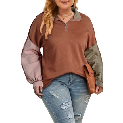 Gold Flame Plus Size Colorblock Exposed Seam Quarter Zip Sweatshirt