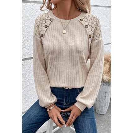 Parchment Contrast Lace Raglan Sleeve Buttoned Ribbed Top