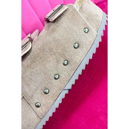 Beige Suede Buckle Decor Footbed Sandal Slippers