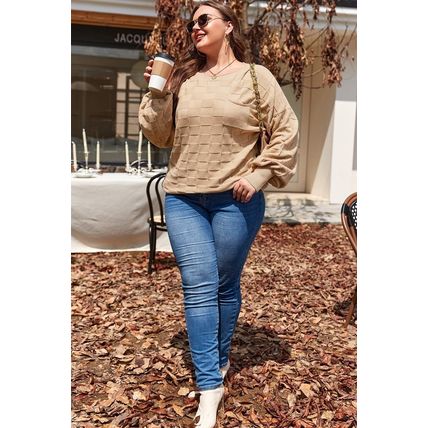 Light French Beige Solid Checkered Textured Knit Plus Size Sweater