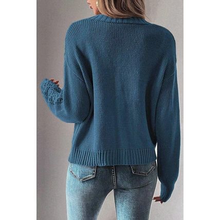 Real Teal Open Knit V Neck Button Front Drop Shoulder Plus Size Cardigan