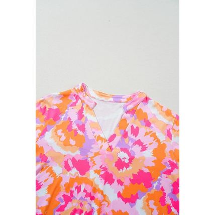 Pink Plus Size Abstract Floral Print V Neck Blouse