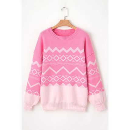 Pink Western Aztec Geometric Drop Shoulder Sweater