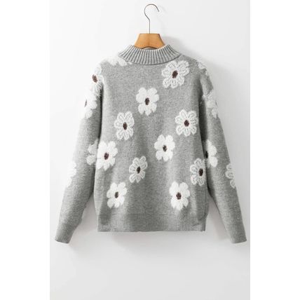 Gray Floral Pattern Half Zip Drop Shoulder Sweater