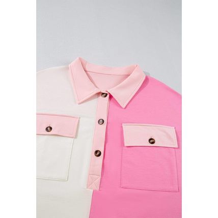 Bonbon Color Block Chest Pockets Half Button Plus Size Sweatshirt