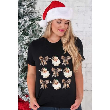Black Santa Claus Leopard Bow Print Crew Neck Casual T Shirt