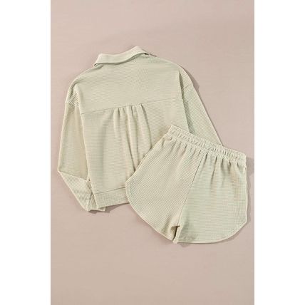 Parchment Textured Buttoned Long Sleeve Top 2 Piece Shorts Set