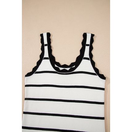Black Striped Scalloped Edge U Neck Sleeveless Sweater Vest