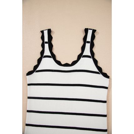 Black Striped Scalloped Edge U Neck Sleeveless Sweater Vest