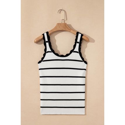Black Striped Scalloped Edge U Neck Sleeveless Sweater Vest