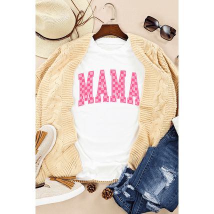 White Checkered MAMA Letter Graphic T Shirt