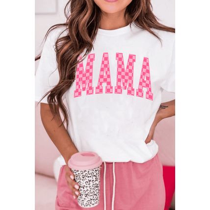White Checkered MAMA Letter Graphic T Shirt