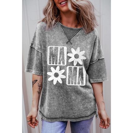 Philippine Gray MAMA Daisy Flower Graphic Mineral Wash Drop Shoulder Vintage Tee