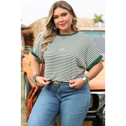 Green Stripe Trimmed Round Neck Plus Size Boxy Fit T-shirt