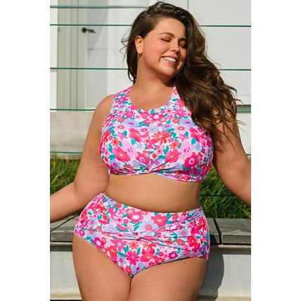 Rose Plus Size Floral Print Twisted High Waist Bikini Set