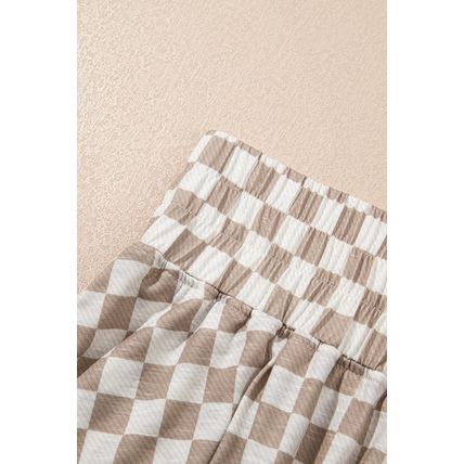 Brown Checkerboard T Shirt and High Waist Skorts 2 Piece Outfit