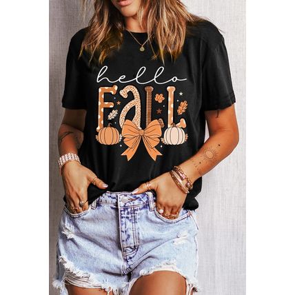Black Hello Fall Thanksgiving Bow Pumpkin Graphic Tee