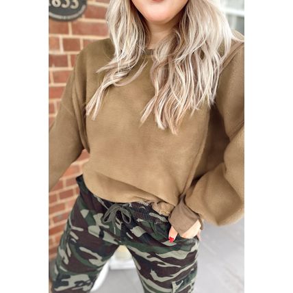 Dark Khaki Fuzzy Sherpa Splicing Pullover Sweatshirt with Side Slit