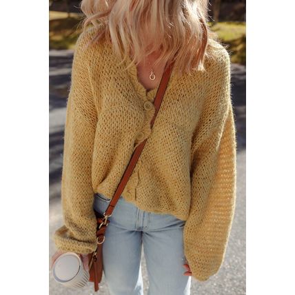 Light French Beige Lantern Sleeve Scallop V Neck Buttoned Front Cardigan