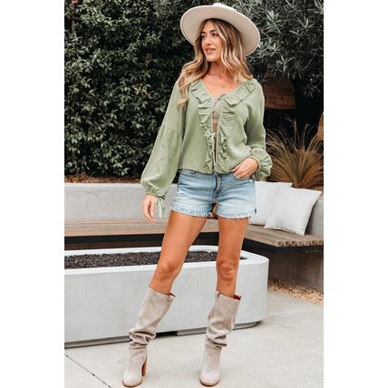 Meadow Mist Green Bow Tie Front Ruffle Trim V Neck Long Sleeve Gauze Blouse