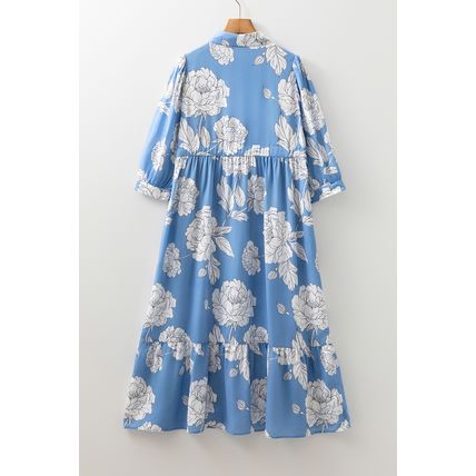 Sky Blue Floral Print Shirt Collar Button Down 3/4 Sleeve Ruffle Hem Long Dress