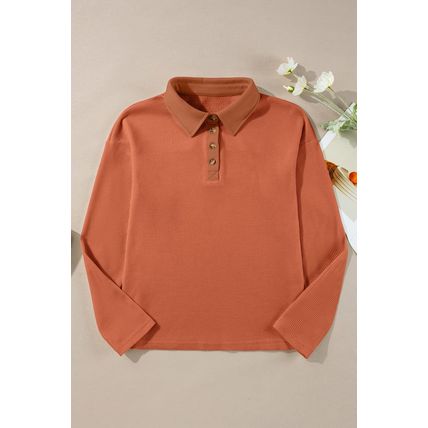Gold Flame Solid Color Long Sleeve Thermal Knit Polo Collar Patchwork Top