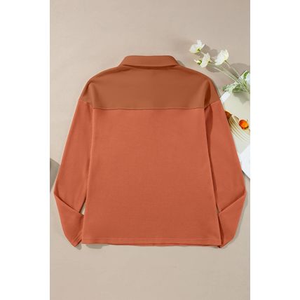 Gold Flame Solid Color Long Sleeve Thermal Knit Polo Collar Patchwork Top