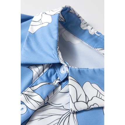 Sky Blue Floral Print Shirt Collar Button Down 3/4 Sleeve Ruffle Hem Long Dress