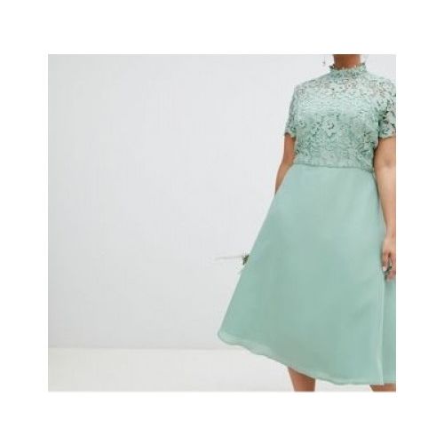 Chi Chi London Lace Dress Crochet Lace High Neck midi Dress 10 Green