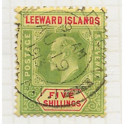 LEEWARD ISLANDS 1907 5/- FIVE SHILLING KE7 SG45 USED ROAD TOWN TORTOLA VIRGIN