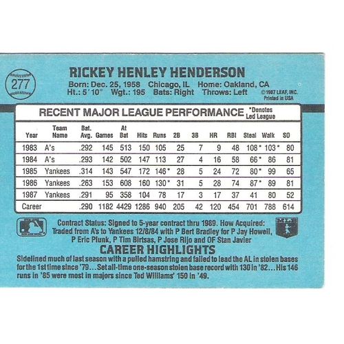 1988 Donruss baseball Rickey Henderson card #277 - NM - Yankees