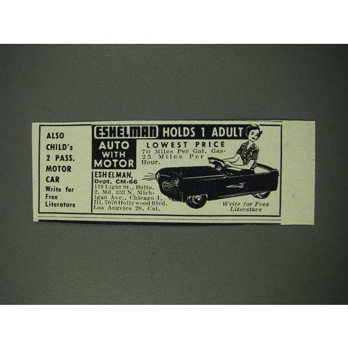 1954 Eshelman Motor Car Ad - Holds 1 Adult