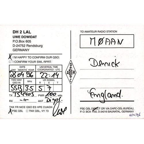 German Amateur Radio QSL Card DH2LAL Rendsburg Germany Dowidat 1996
