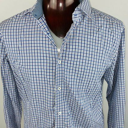 Bugatchi Dress Shirt Flip Collar & Cuffs Blue Tan Striped