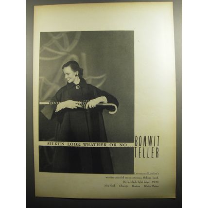 1951 Bonwit Teller Lawrence of London Coat Ad - Silken Look, Weather or No